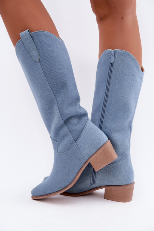 Damen-Kniehohe Cowboy-Stiefel mit Absatz aus Denim Zareya
