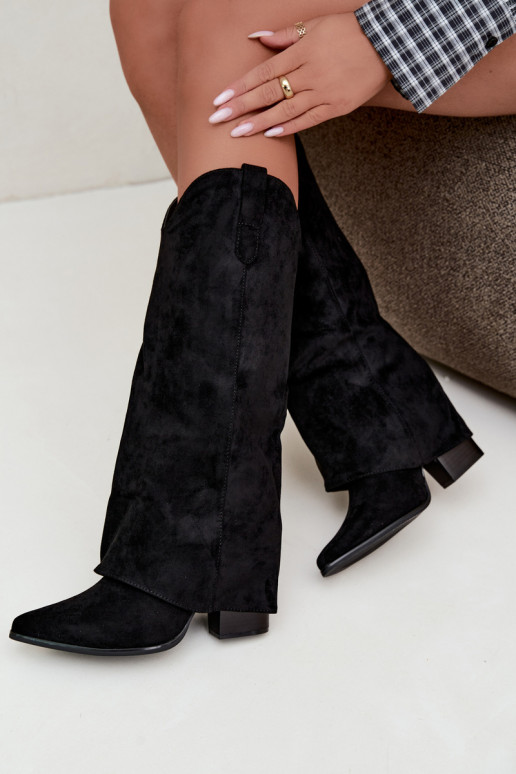 Damen-Kniehohe Cowboy-Stiefel mit Absatz in Schwarz Kalena