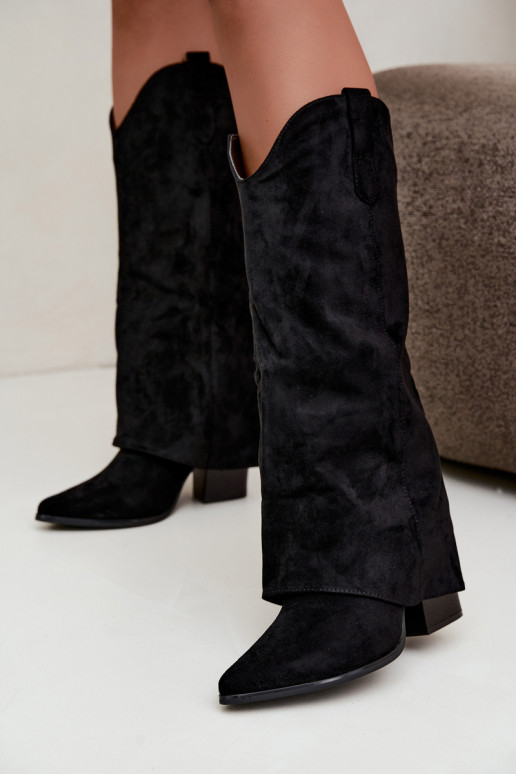 Damen-Kniehohe Cowboy-Stiefel mit Absatz in Schwarz Kalena