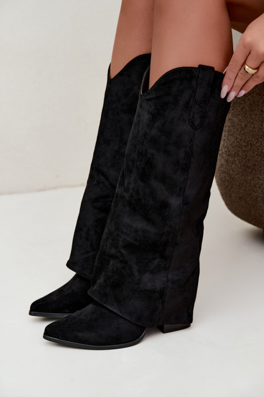 Damen-Kniehohe Cowboy-Stiefel mit Absatz in Schwarz Kalena