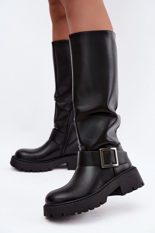Damen isolierte Kniehohe Stiefel mit Schnallen in Schwarz Glena