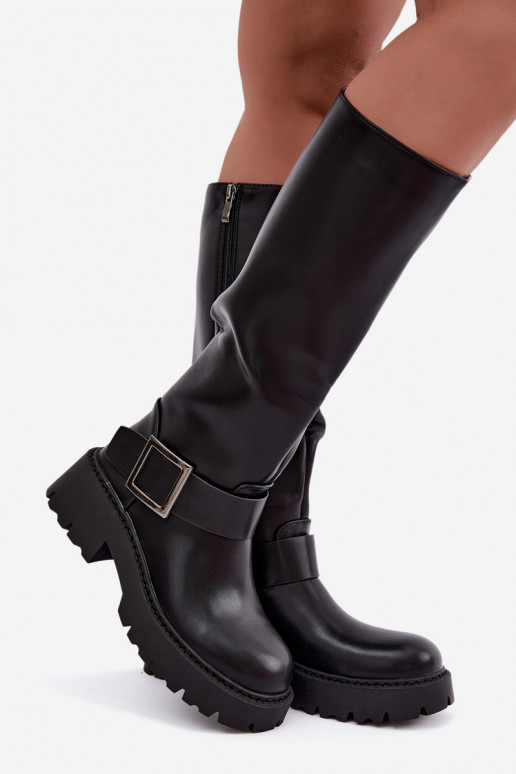 Damen isolierte Kniehohe Stiefel mit Schnallen in Schwarz Glena