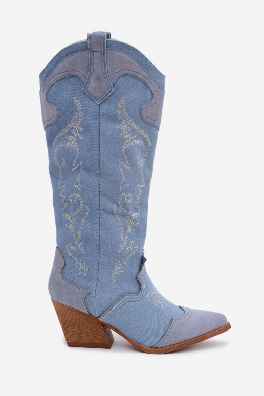 Damen-Kniehohe Cowboy-Stiefel mit Absatz aus Denim Talora