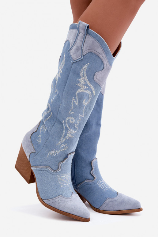 Damen-Kniehohe Cowboy-Stiefel mit Absatz aus Denim Talora