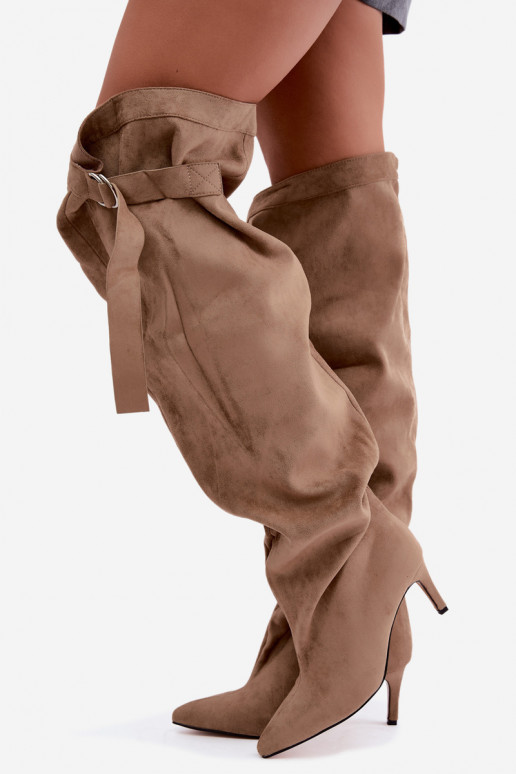 Damen-Slipper-Kniehohe Stiefel mit Absatz in Sand Rosena