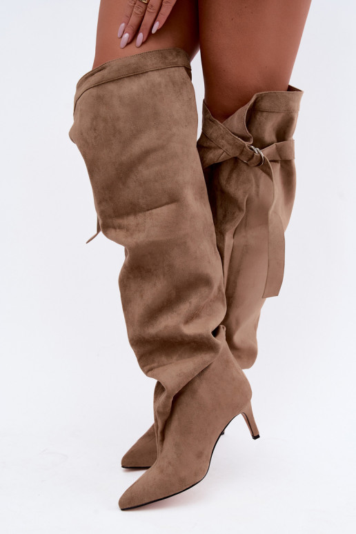 Damen-Slipper-Kniehohe Stiefel mit Absatz in Sand Rosena