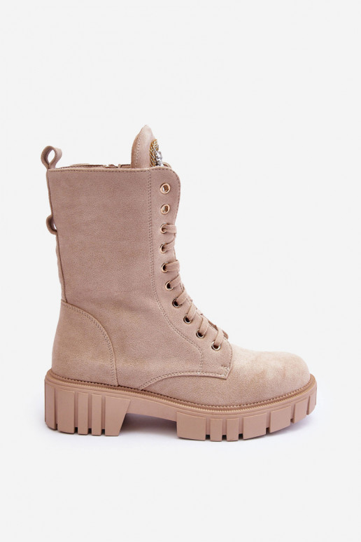 Sandfarbene Kunstveloursleder-Stiefeletten mit Verzierungen Tai turirx
