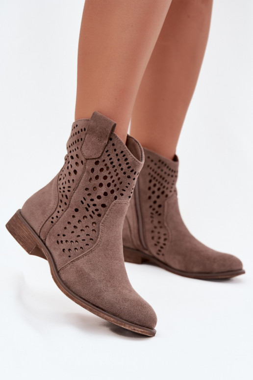 Sandfarbene durchbrochene Stiefeletten mit breiten Absätzen Amisna