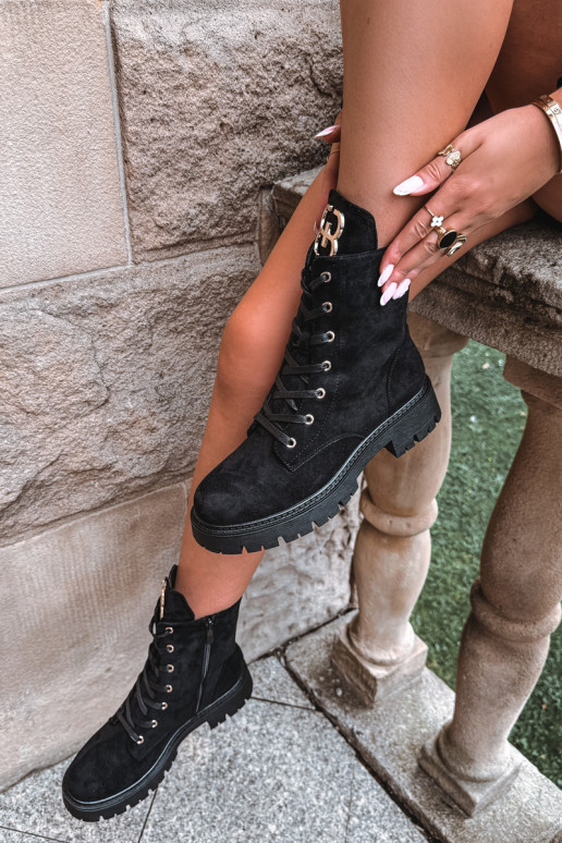 Wärmende Damen-Stiefeletten mit Wildlederornamenten, schwarz Falira
