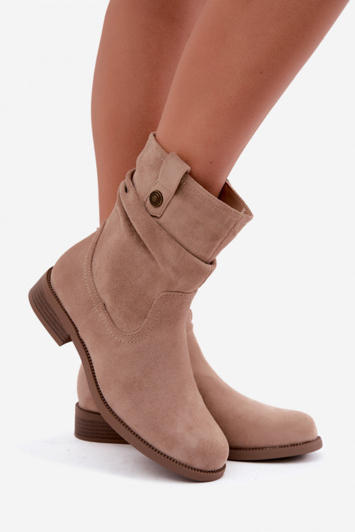 Wärmende Stiefeletten mit Rüschen und breiten Absätzen, sandfarben