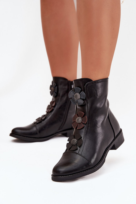 Wärmende Damen-Stiefeletten mit breiten Absätzen und Blumenmotiven in schwarzer Farbe Pravienne