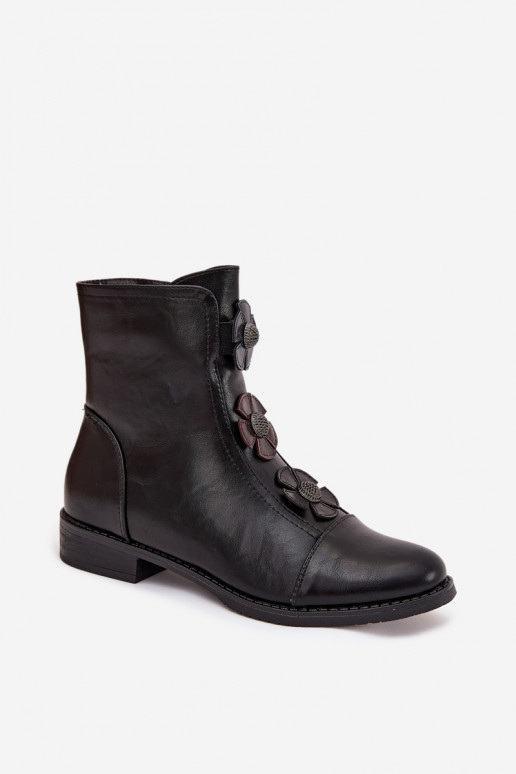 Wärmende Damen-Stiefeletten mit breiten Absätzen und Blumenmotiven in schwarzer Farbe Pravienne
