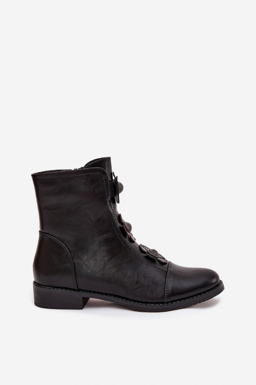 Wärmende Damen-Stiefeletten mit breiten Absätzen und Blumenmotiven in schwarzer Farbe Pravienne