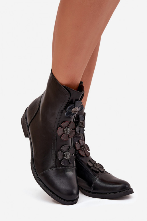 Wärmende Damen-Stiefeletten mit breiten Absätzen und Blumenmotiven in schwarzer Farbe Pravienne