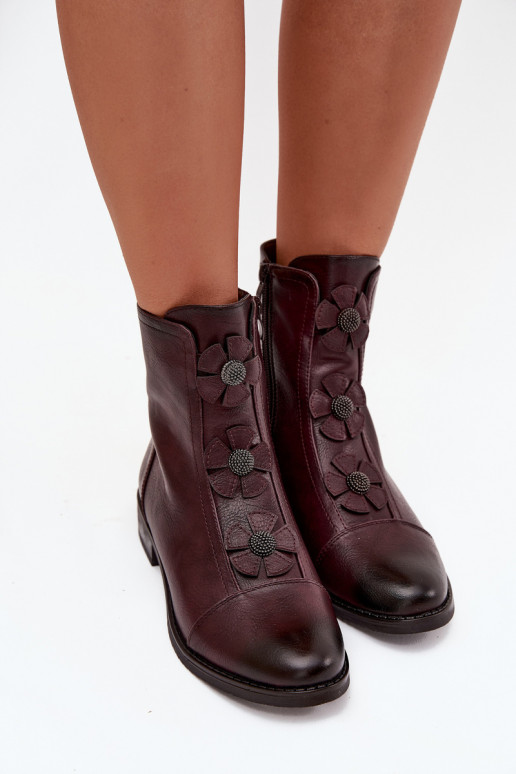 Wärmende Damen-Stiefeletten mit breiten Absätzen und Blumenmotiven in burgunder Farbe Pravienne