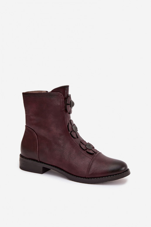 Wärmende Damen-Stiefeletten mit breiten Absätzen und Blumenmotiven in burgunder Farbe Pravienne