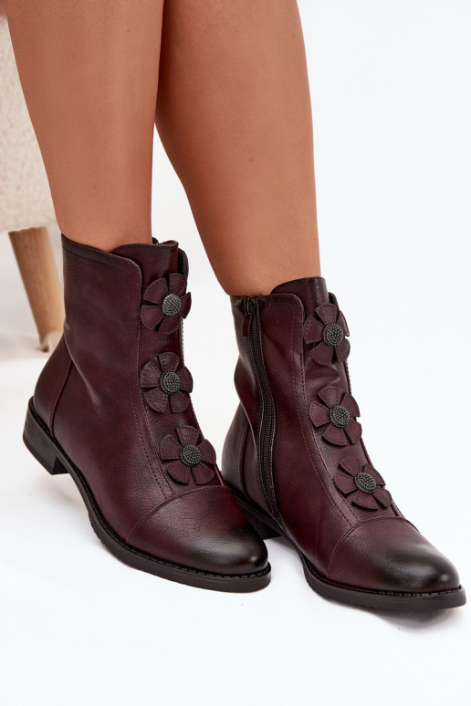 Wärmende Damen-Stiefeletten mit breiten Absätzen und Blumenmotiven in burgunder Farbe Pravienne