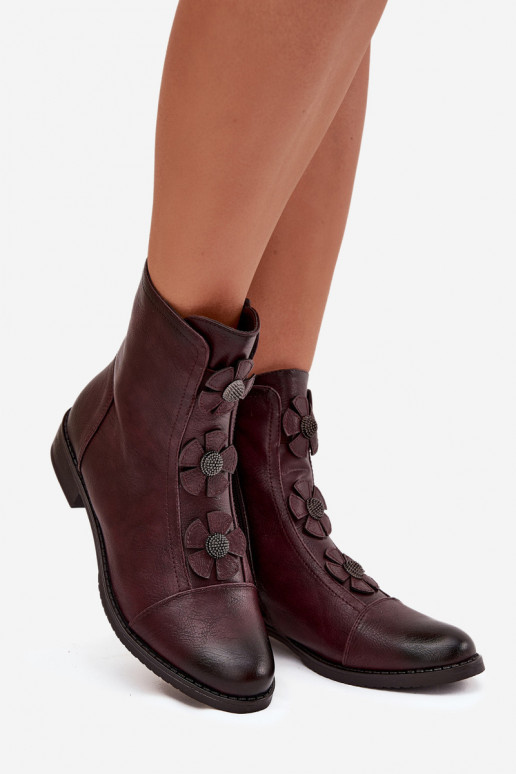 Wärmende Damen-Stiefeletten mit breiten Absätzen und Blumenmotiven in burgunder Farbe Pravienne