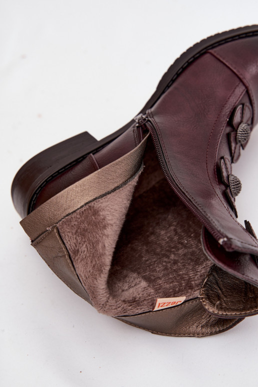Wärmende Damen-Stiefeletten mit breiten Absätzen und Blumenmotiven in burgunder Farbe Pravienne