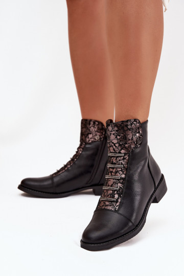 Wärmende Damen-Stiefeletten mit breiten Absätzen und Blumenmotiven in schwarzer Farbe Labise 2