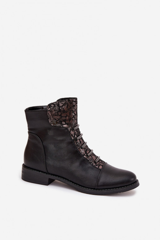 Wärmende Damen-Stiefeletten mit breiten Absätzen und Blumenmotiven in schwarzer Farbe Labise
