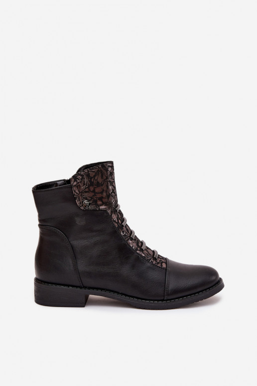Wärmende Damen-Stiefeletten mit breiten Absätzen und Blumenmotiven in schwarzer Farbe Labise