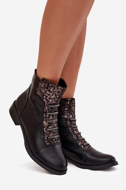 Wärmende Damen-Stiefeletten mit breiten Absätzen und Blumenmotiven in schwarzer Farbe Labise