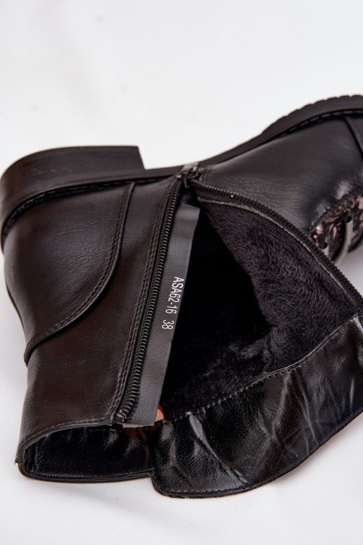 Wärmende Damen-Stiefeletten mit breiten Absätzen und Blumenmotiven in schwarzer Farbe Labise