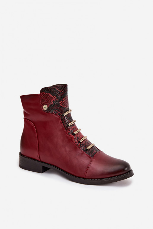 Wärmende Damen-Stiefeletten mit breiten Absätzen im Tiermuster in burgunder Farbe Labise