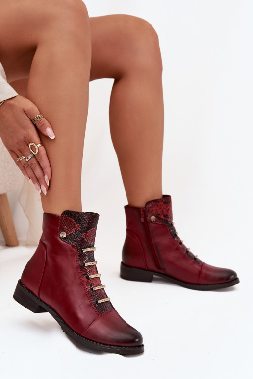 Wärmende Damen-Stiefeletten mit breiten Absätzen im Tiermuster in burgunder Farbe Labise