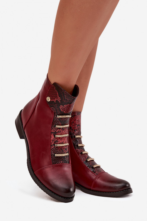 Wärmende Damen-Stiefeletten mit breiten Absätzen im Tiermuster in burgunder Farbe Labise