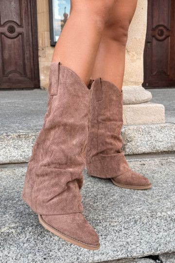 Falten cowboy-stil kniehohe Stiefel mit Absätzen und genähtem Schaft braun Ives 2