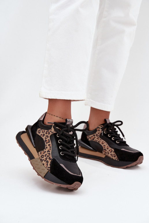 Leder-Damensneaker mit Plateau und Leopardenmuster in Schwarz Artiker 55C0134