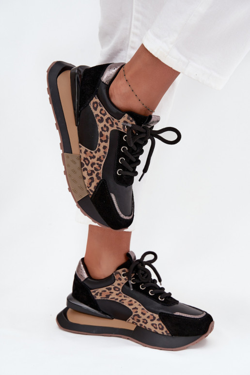 Leder-Damensneaker mit Plateau und Leopardenmuster in Schwarz Artiker 55C0134