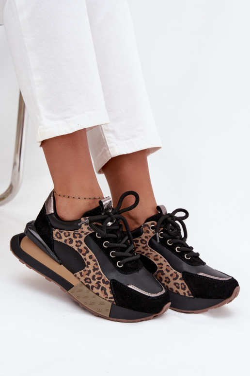 Leder-Damensneaker mit Plateau und Leopardenmuster in Schwarz Artiker 55C0134