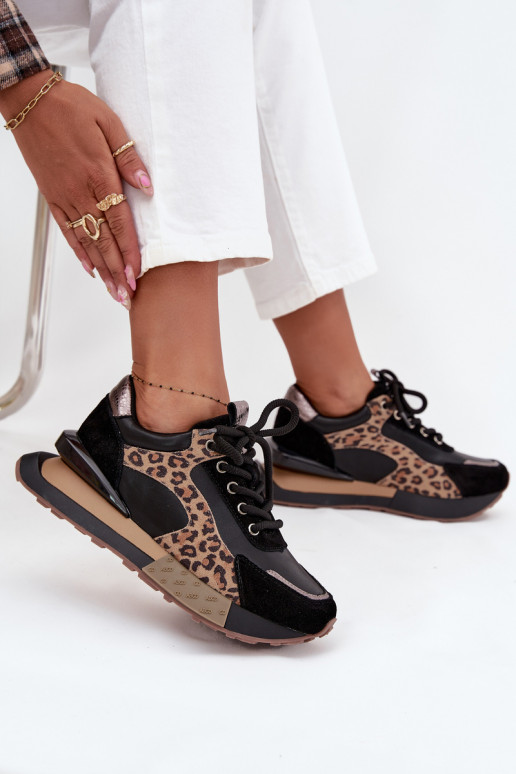 Leder-Damensneaker mit Plateau und Leopardenmuster in Schwarz Artiker 55C0134