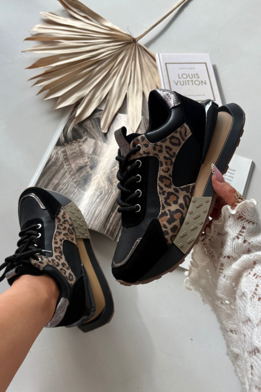 Leder-Damensneaker mit Plateau und Leopardenmuster in Schwarz Artiker 55C0134