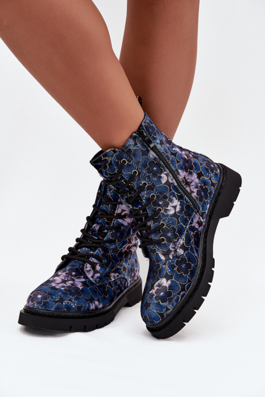 Warme Damenstiefeletten mit Blumen in Dunkelblau Artiker 57C1052
