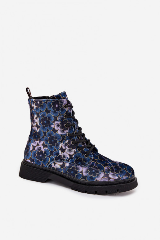 Warme Damenstiefeletten mit Blumen in Dunkelblau Artiker 57C1052