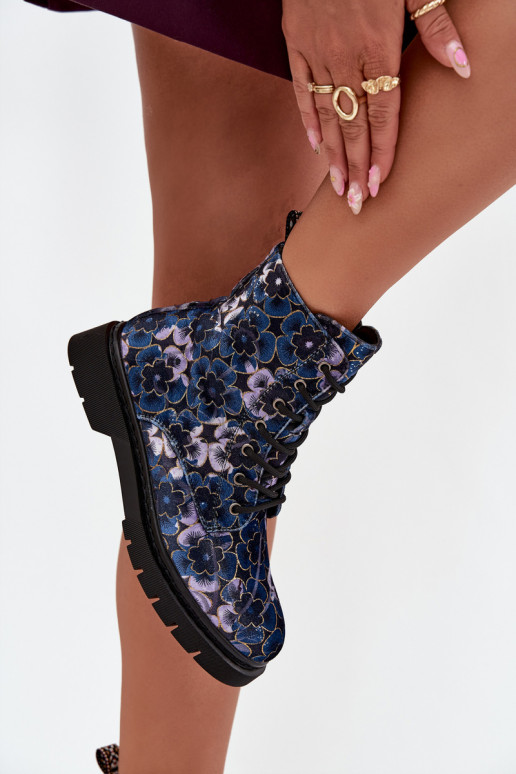 Warme Damenstiefeletten mit Blumen in Dunkelblau Artiker 57C1052