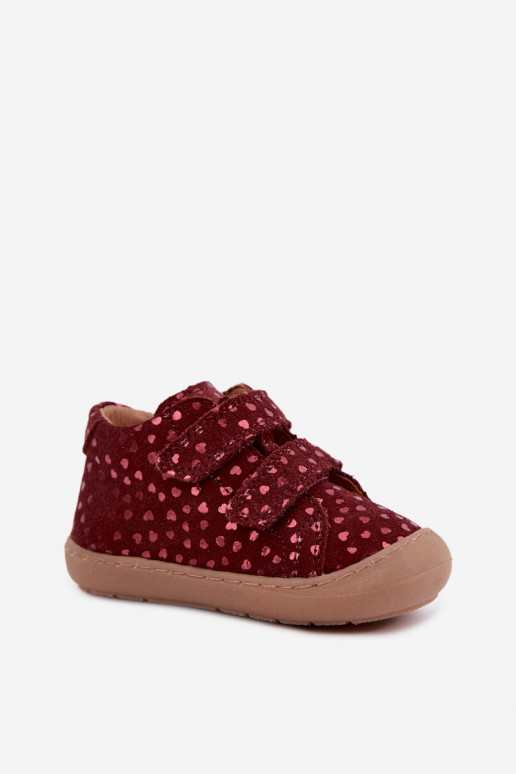 Burgunderfarbene Kinderveloursleder-Schuhe Barefoot mit Herzen Froddo G2130328-66