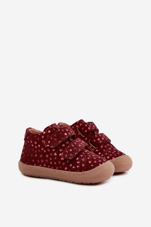 Burgunderfarbene Kinderveloursleder-Schuhe Barefoot mit Herzen Froddo G2130328-66