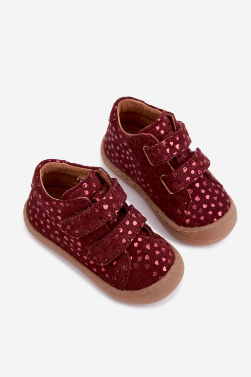 Burgunderfarbene Kinderveloursleder-Schuhe Barefoot mit Herzen Froddo G2130328-66