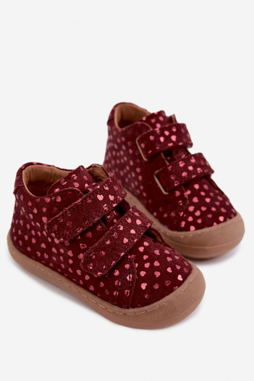 Burgunderfarbene Kinderveloursleder-Schuhe Barefoot mit Herzen Froddo G2130328-66
