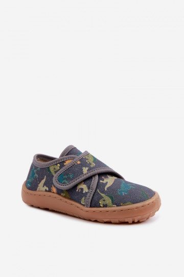 Kinderhausschuhe für Jungen mit Klettverschlüssen Barefoot Dinozaurai Froddo G1700438-26 in Grau
