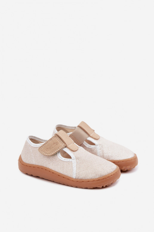 Kinderhausschuhe mit Klettverschlüssen und Glanz Barefoot Froddo Canvas G1700439-3 in Gold