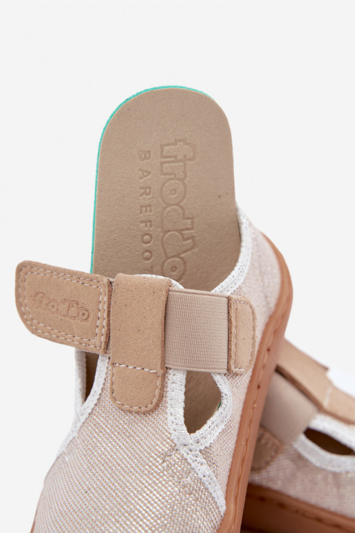Kinderhausschuhe mit Klettverschlüssen und Glanz Barefoot Froddo Canvas G1700439-3 in Gold