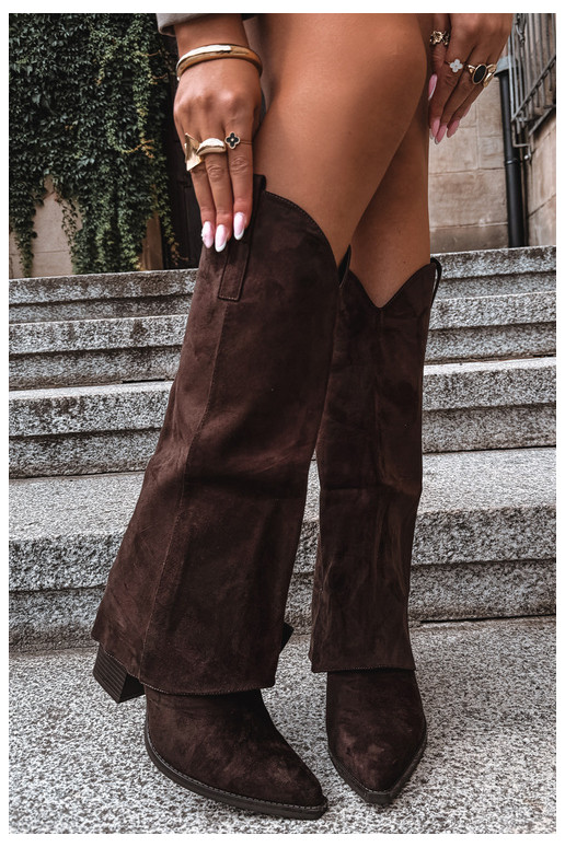 Warmes Cowboy-Stil Kniehohe Stiefel mit Absätzen und genähtem Schaft CzekoladoĮe Julena