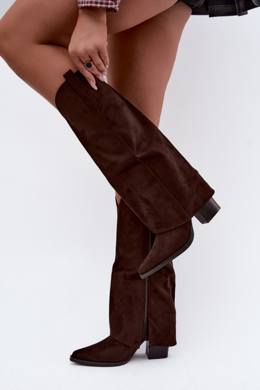 Warmes Cowboy-Stil Kniehohe Stiefel mit Absätzen und genähtem Schaft CzekoladoĮe Julena