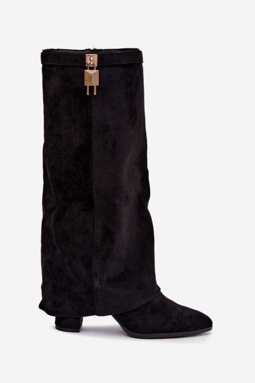 Warmes langes Stiefel mit Absätzen und eingebautem goldenen Dekor in schwarzer Farbe Danessa